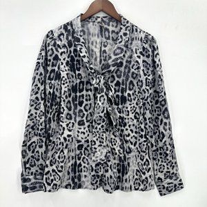 Mia Via Blouse Womens Long Sleeve Button Down Tie Neck Animal Print Black Gray L